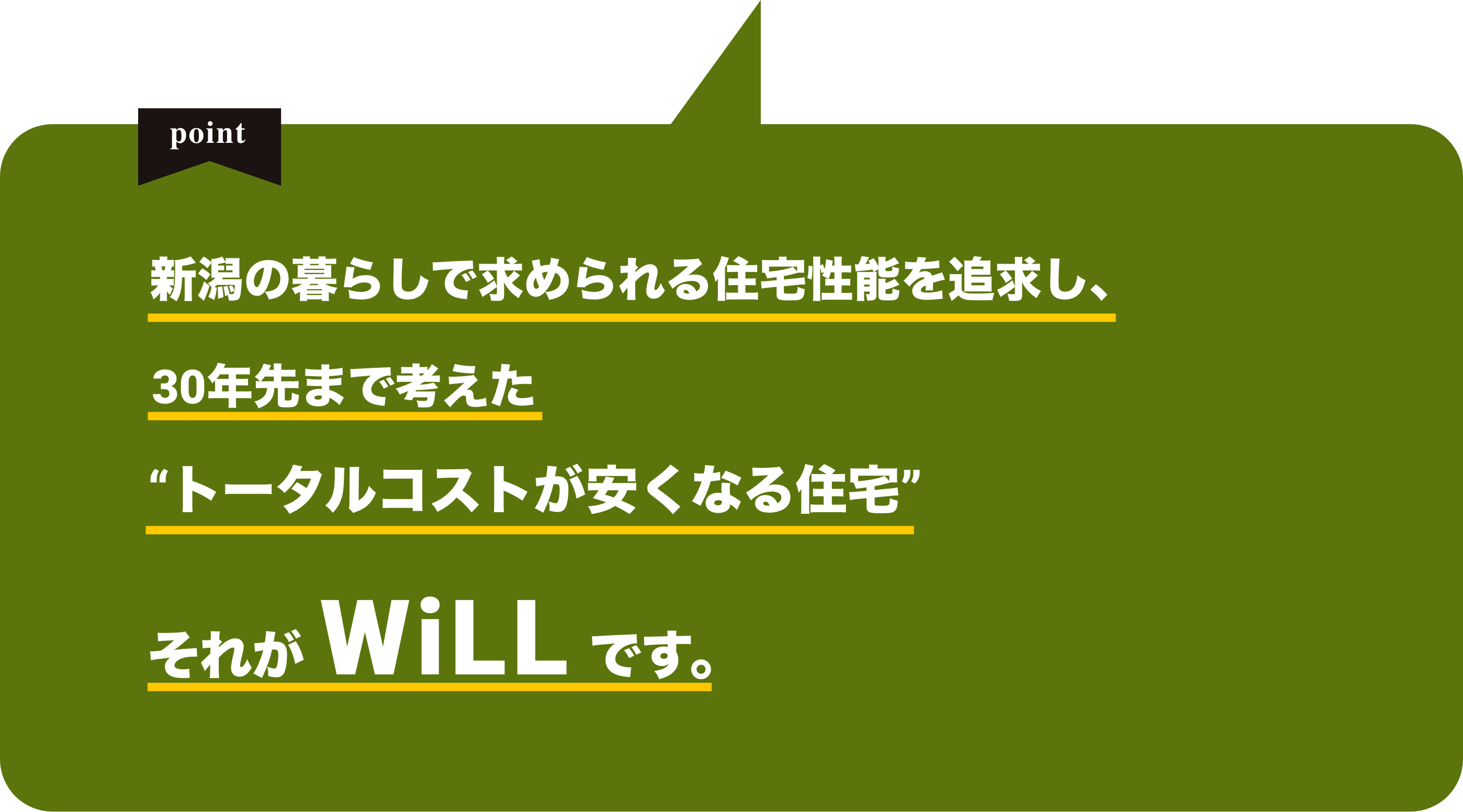 新潟の暮らしで求められる住宅性能を追求し、30年先まで考えた”トータルコストが安くなる住宅”それがWiLLです。