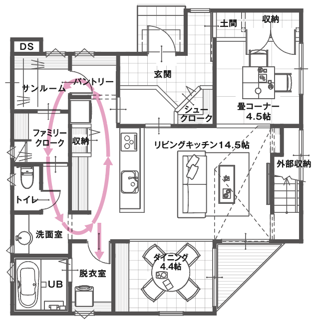 水回りがまとまった家事動線のいい間取りの図面