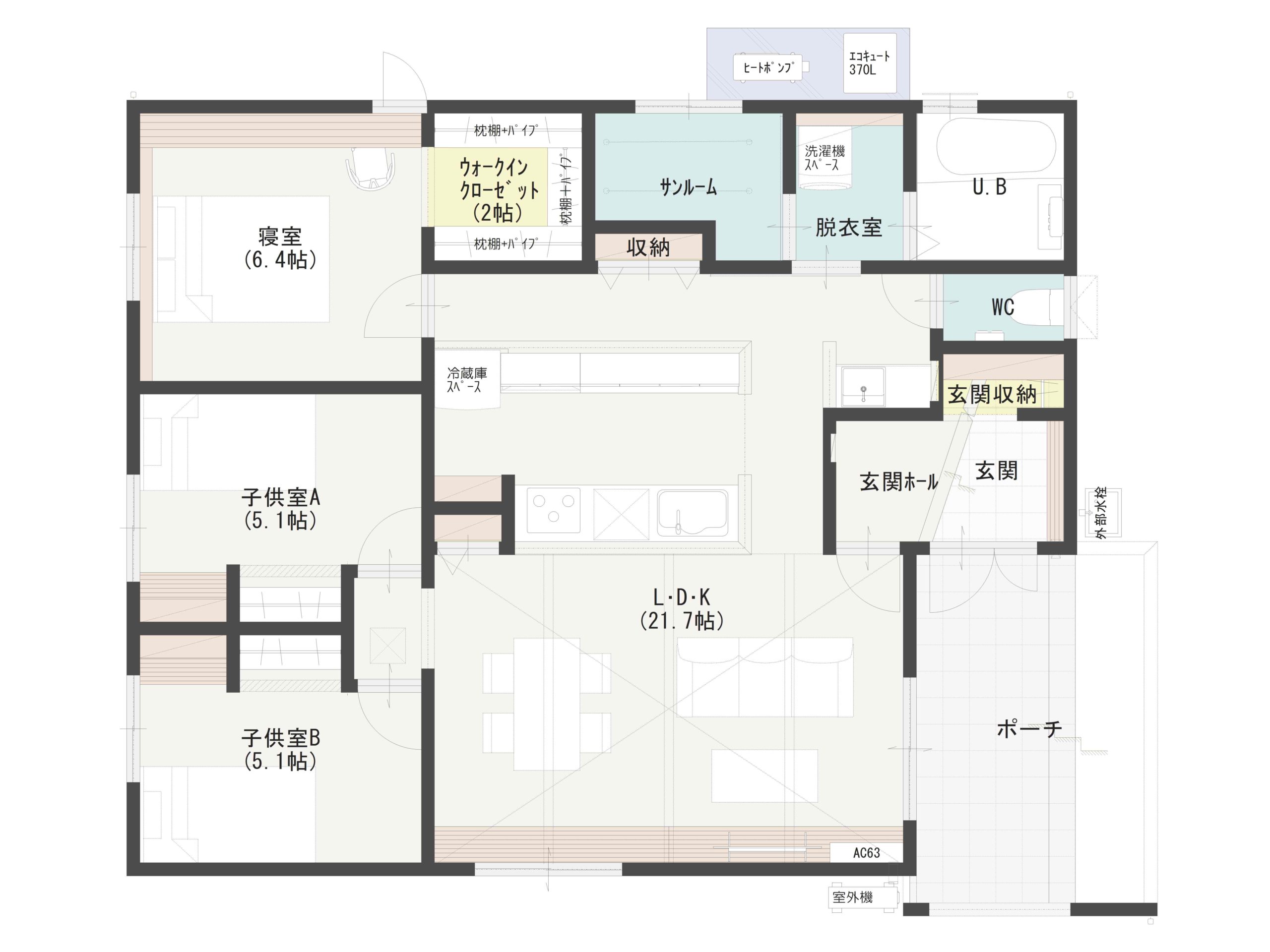 3LDKの平屋の間取り図