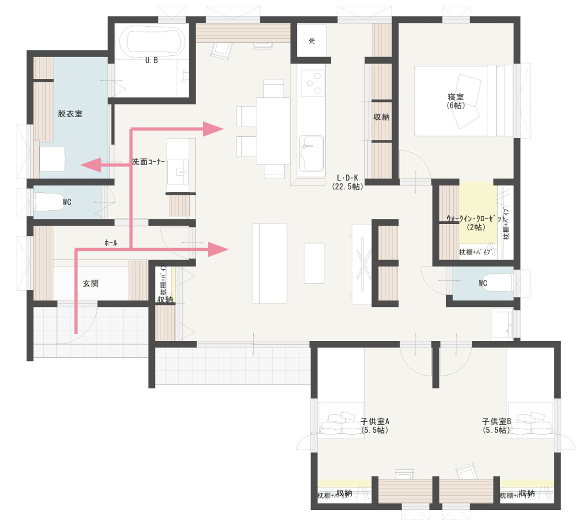 3LDKの注文住宅の平屋の間取り図の事例