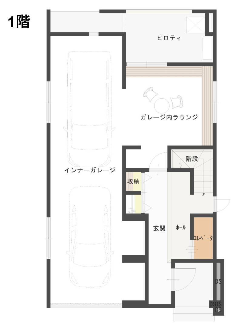 ガレージハウスの1階の間取り図