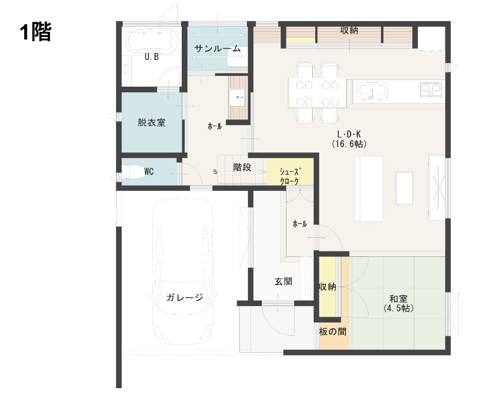 ガレージハウスの1階の間取り図