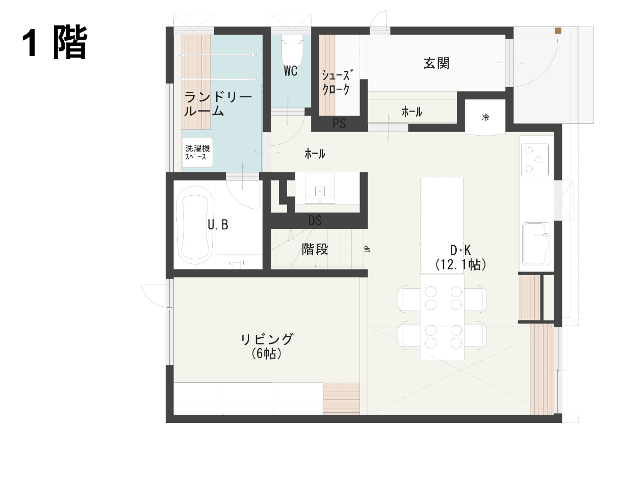 共有スペースが多い子供部屋の間取り図の1階