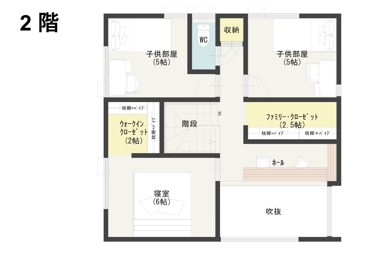 共有スペースが多い子供部屋の間取り図の2階