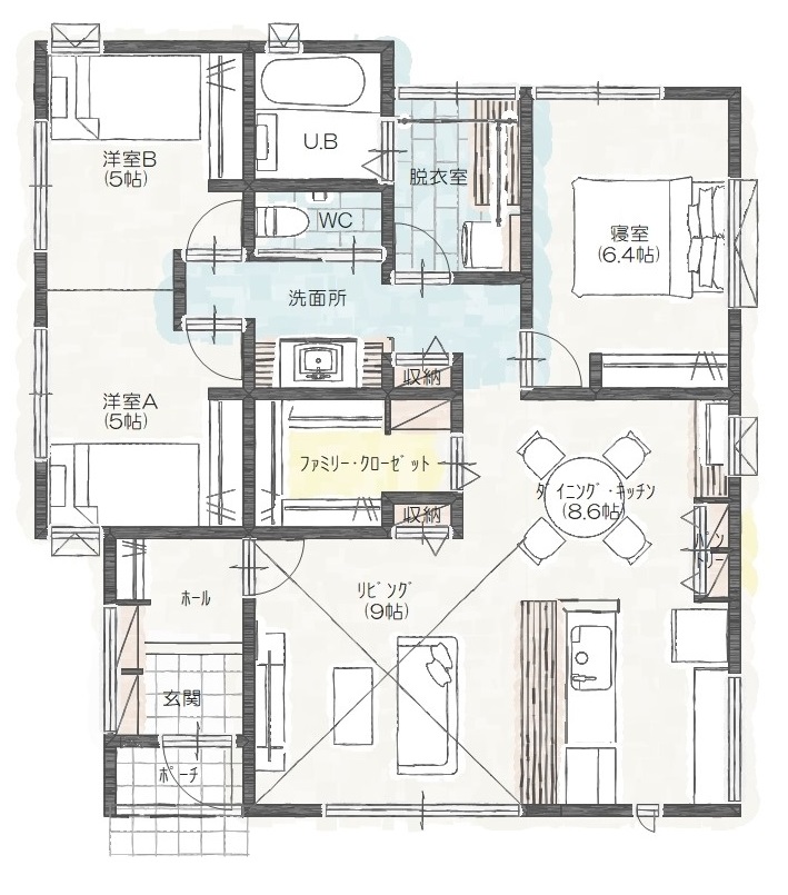 上田市中之条Ａ　建売住宅　3,300万円 見取り図：全体間取図