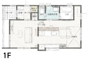 ✓ダイニング上部の吹き抜け、全居室６帖以上、さらに全室２面採光！広さと明るさを兼ね揃えた間取り
✓約２１帖のＬＤＫの中心にアイランドキッチンを設置。左右どちらからでもアクセス可能な使い勝手のよいキッチン