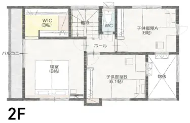 ✓寝室８帖＋ＷＩＣ３帖で大きなベッドを置いても衣類が増えがちな方も安心♪