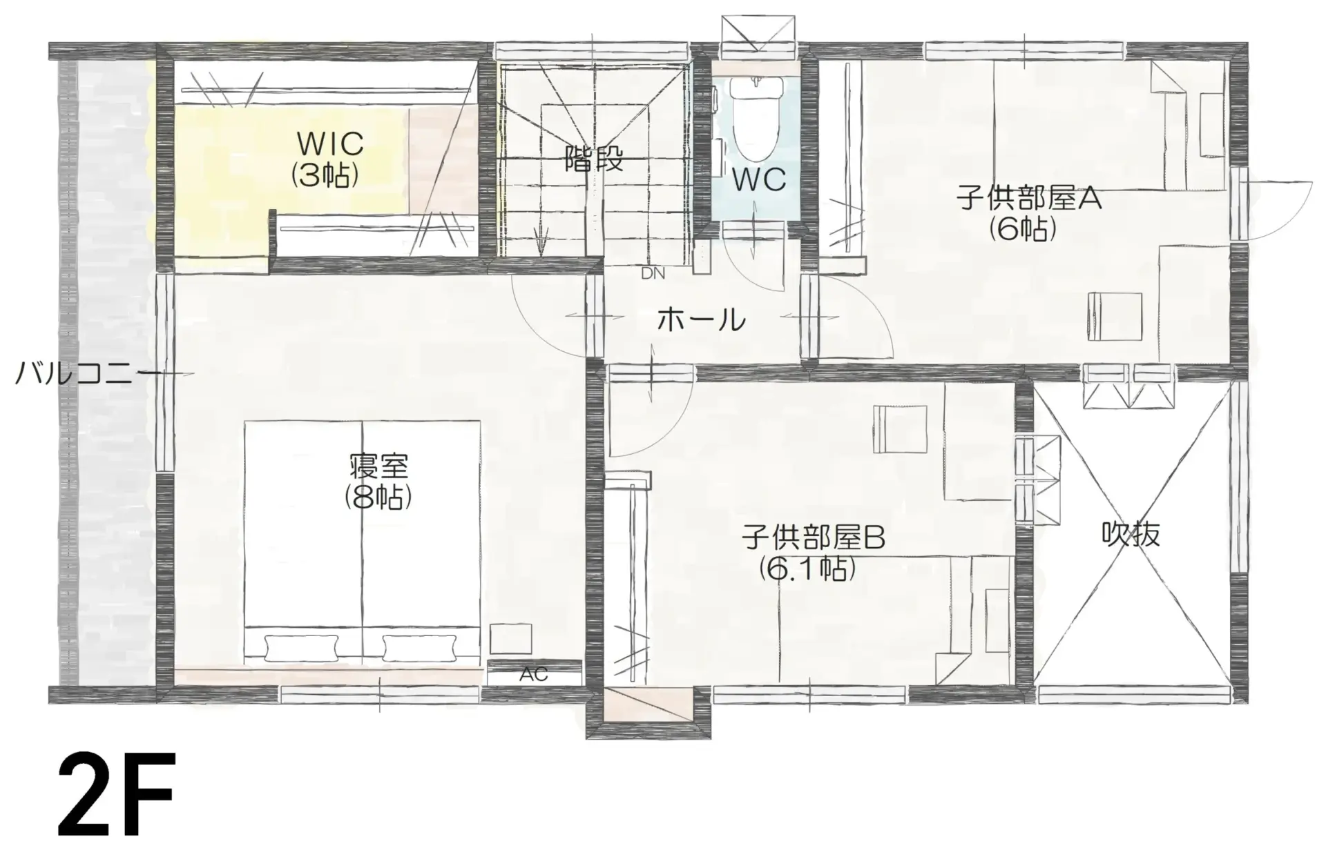 ✓寝室８帖＋ＷＩＣ３帖で大きなベッドを置いても衣類が増えがちな方も安心♪