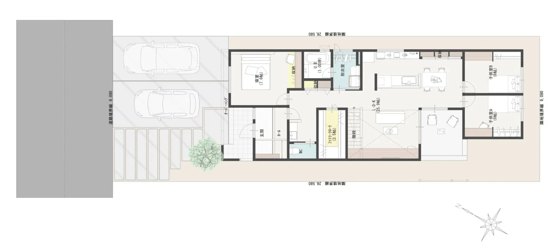 配置図兼1階平面図。

縦長の敷地を利用した平屋の間取り。

73坪の敷地に31坪の平屋を実現。