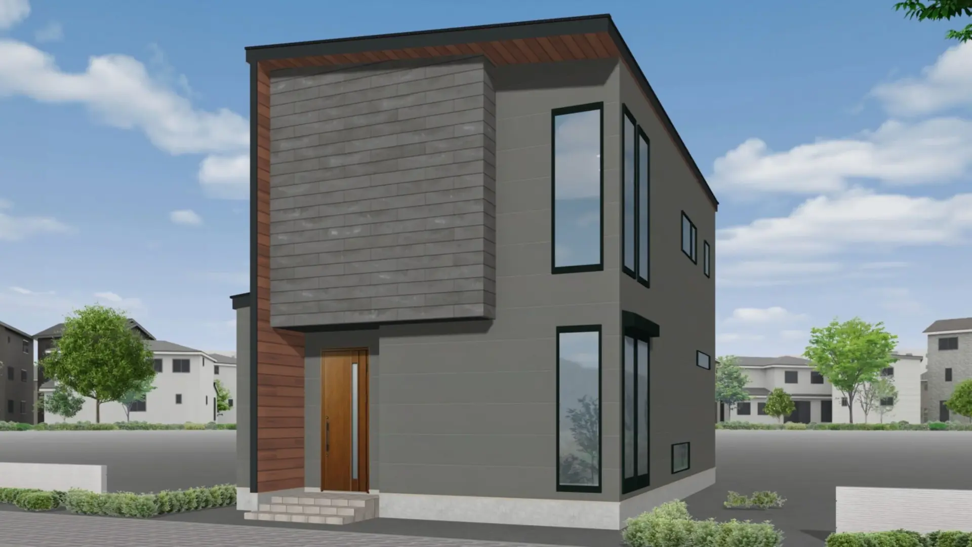 重厚感のあるグレー外壁と縦長窓が映える、モダンで洗練されたスタイリッシュハウス！（深谷市岡）