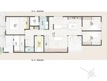 平面図。

縦長の敷地を活かし、寝室と子供室の距離感にも配慮。

中心にLDKがある事で自然と家族が集まる空間に。
