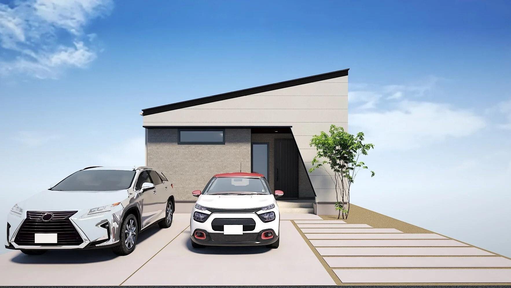 白×グレーで明るくスタイリッシュな外観。