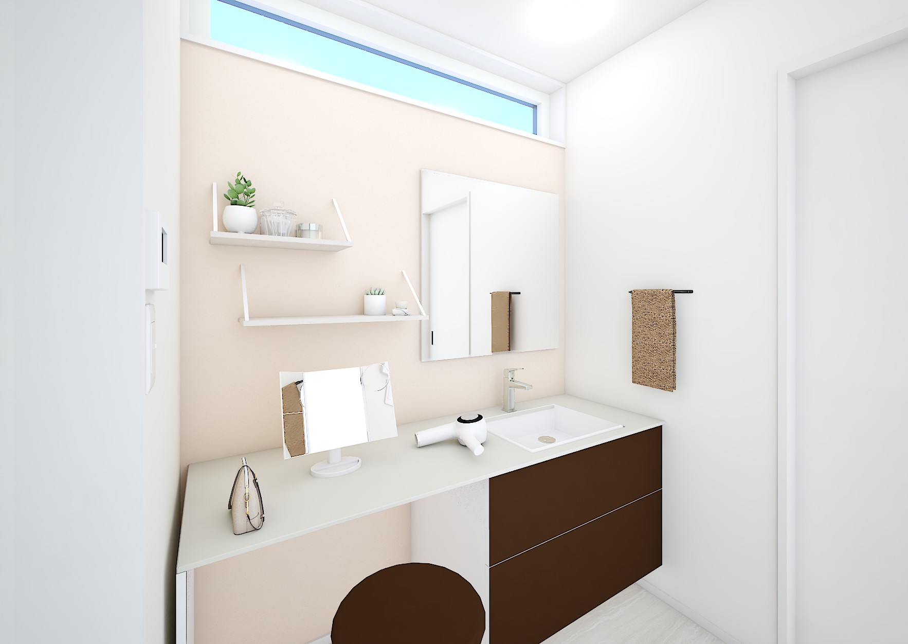 横幅の広いカウンターは、朝の身支度をゆったりと行える贅沢な仕様