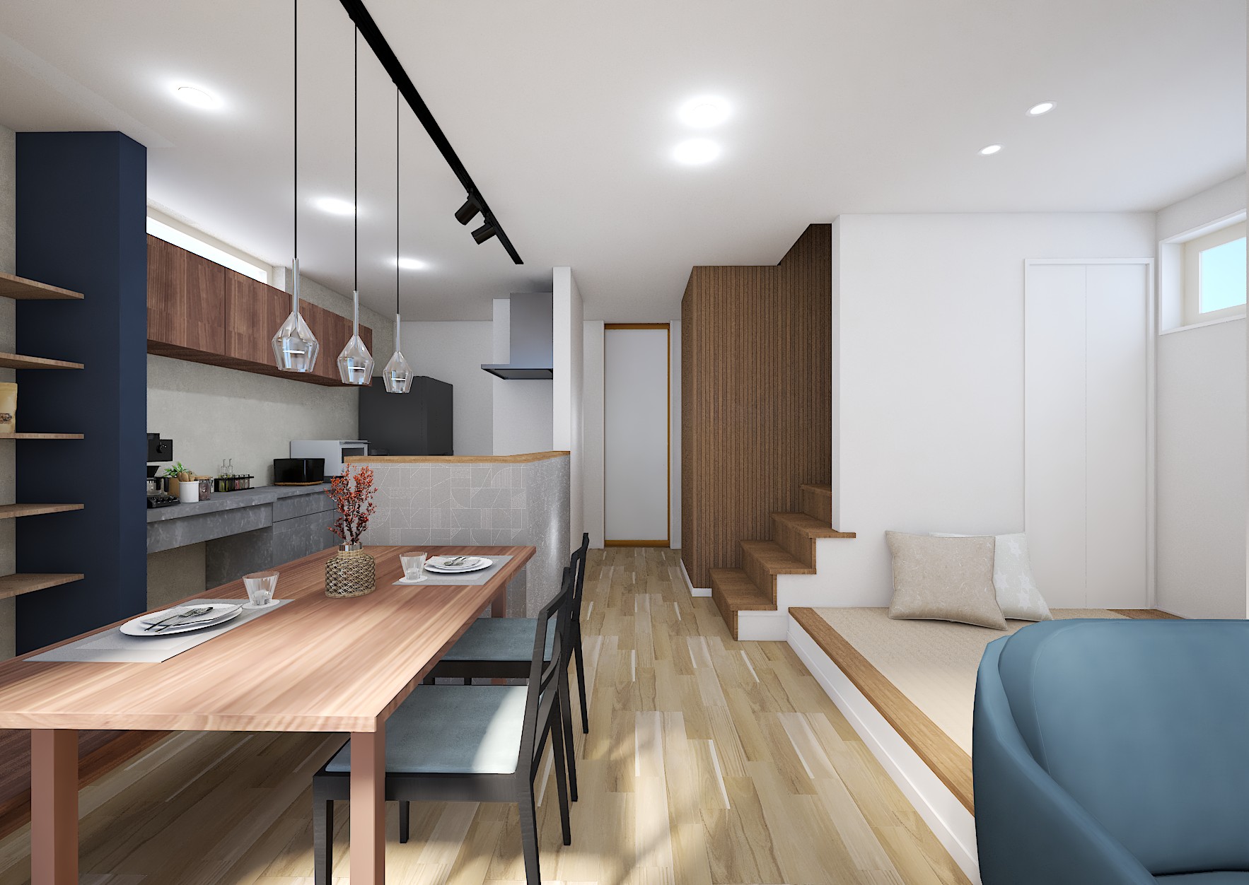 【内観イメージ（ダイニング・キッチン）】
ダイニングとキッチンの距離感が近く、家事をしながら家族との会話がしやすい設計。料理を出す・片付ける動作もスムーズです。