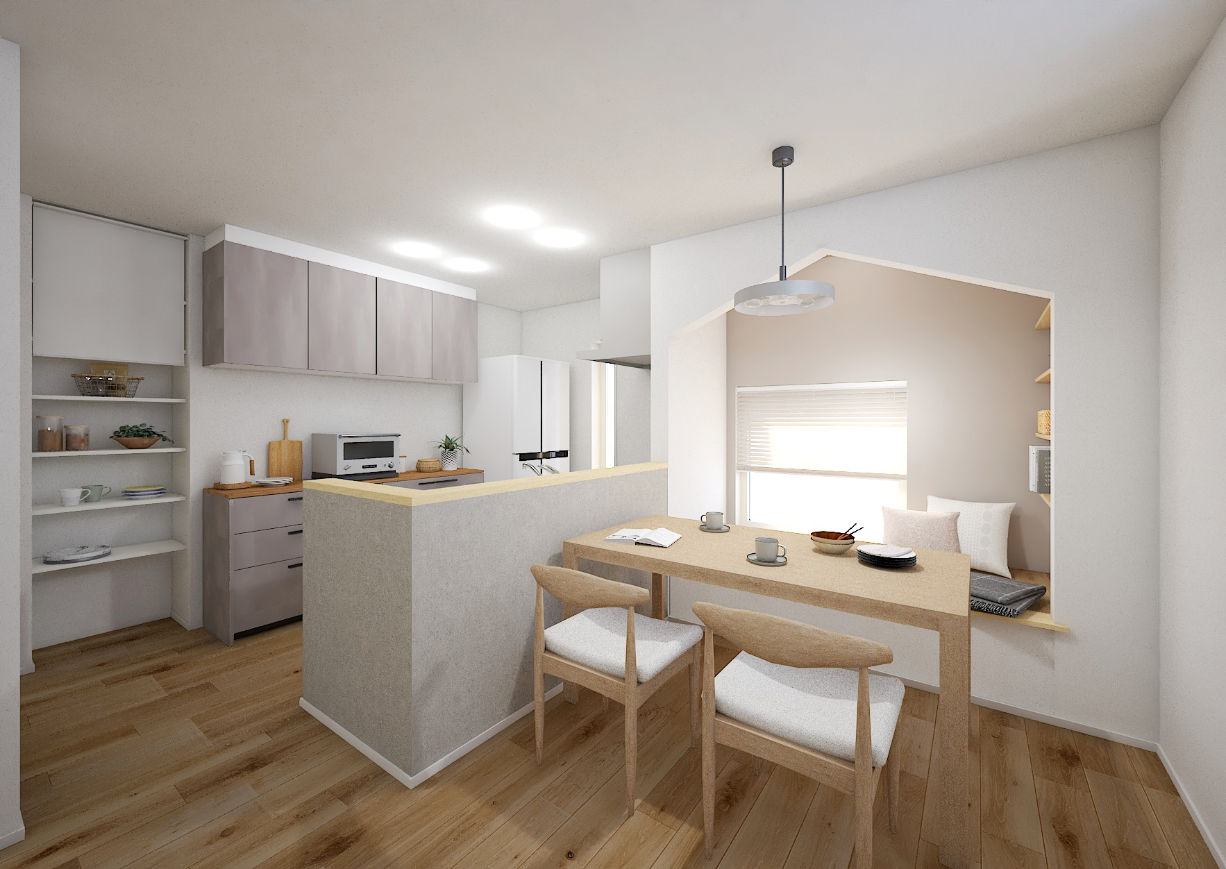 田園風景を活かしたダイニングヌックは、家族が自然を感じながらくつろげる特別な空間です