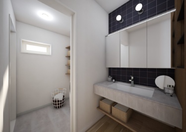 【内観イメージ（洗面所・脱衣室）】
人気の幅広造作洗面台。脱衣室とは引戸で仕切って空間を独立させました。