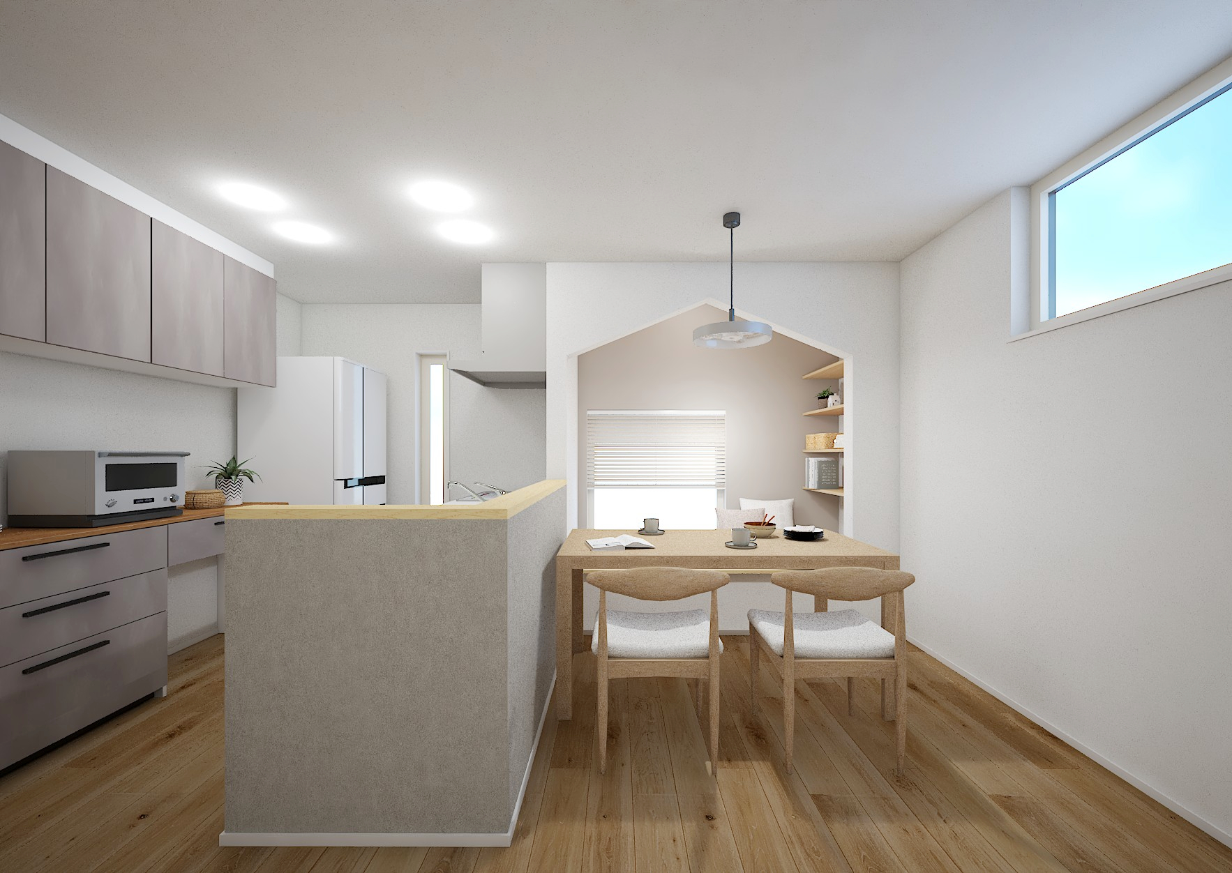 造作ベンチを取り入れたダイニングや、リビングから見えにくいパントリーで、すっきりと片付いた暮らしを実現