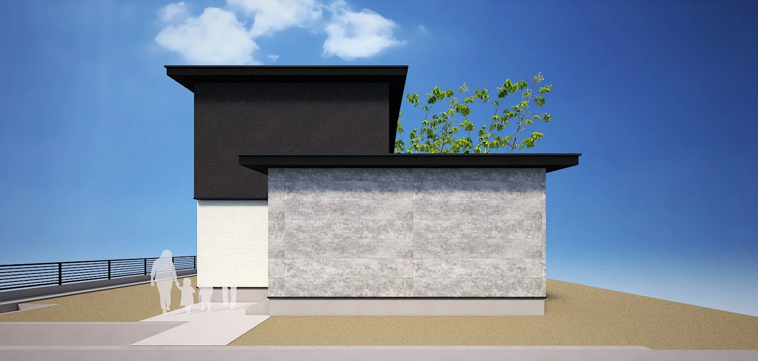 折り下げ天井のオシャレなキッチンのあるシンプルモダンの家（富山市呉羽町）