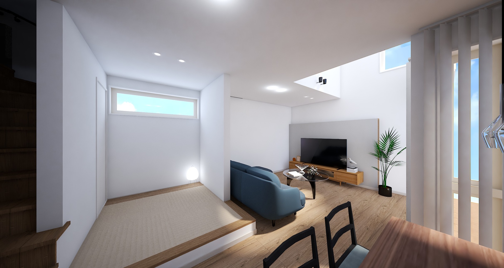 【内観イメージ（リビング）】
家族が自然と集まる、ゆるやかにつながるリビング。ソファでくつろいだり、畳でゴロゴロしたり。それぞれの”心地いい”が見つかる空間です。