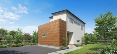 木目調のアクセントウォールと白い外壁のコントラストが美しい、モダンな外観デザイン。