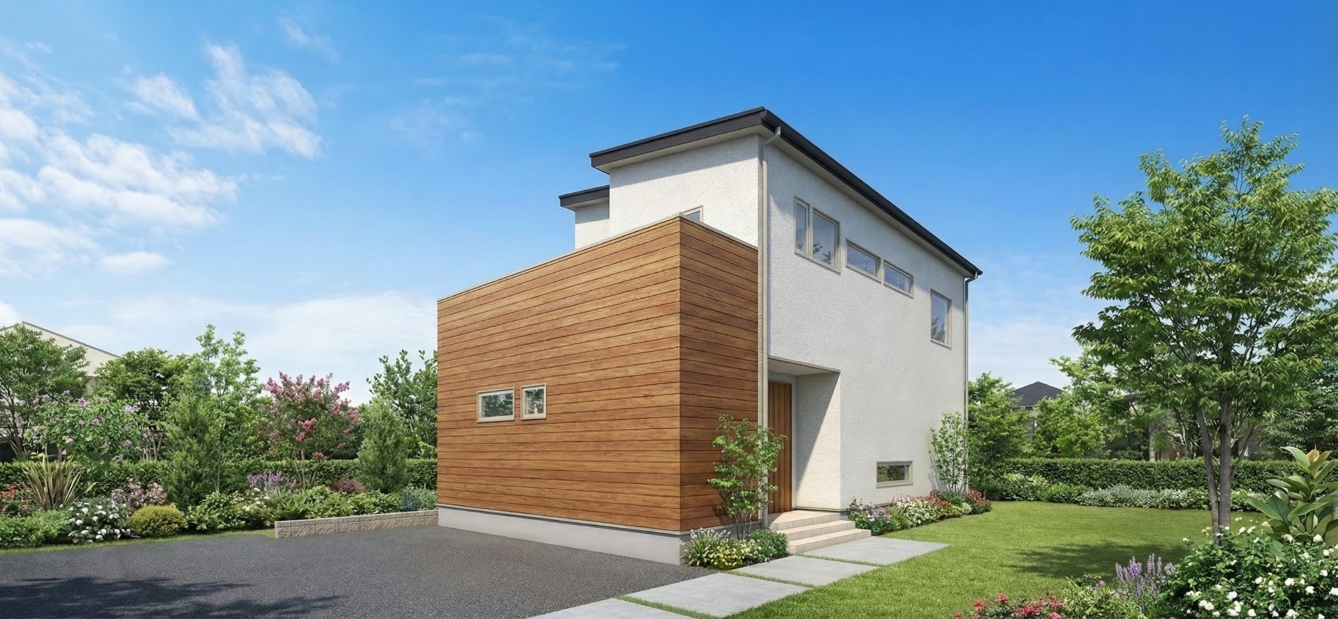 木目調のアクセントウォールと白い外壁のコントラストが美しい、モダンな外観デザイン。