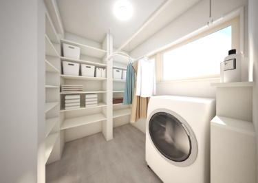 脱衣室とは別にランドリールームを設け、家事動線を効率化しました