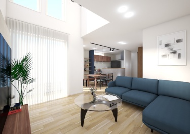 【内観イメージ（ＬＤＫ）】
吹抜けから光が差し込む明るく開放的なリビング。ダイニングキッチンや小上がりとも緩やかに繋がりを持たせています。

※家具・小物などはイメージです。