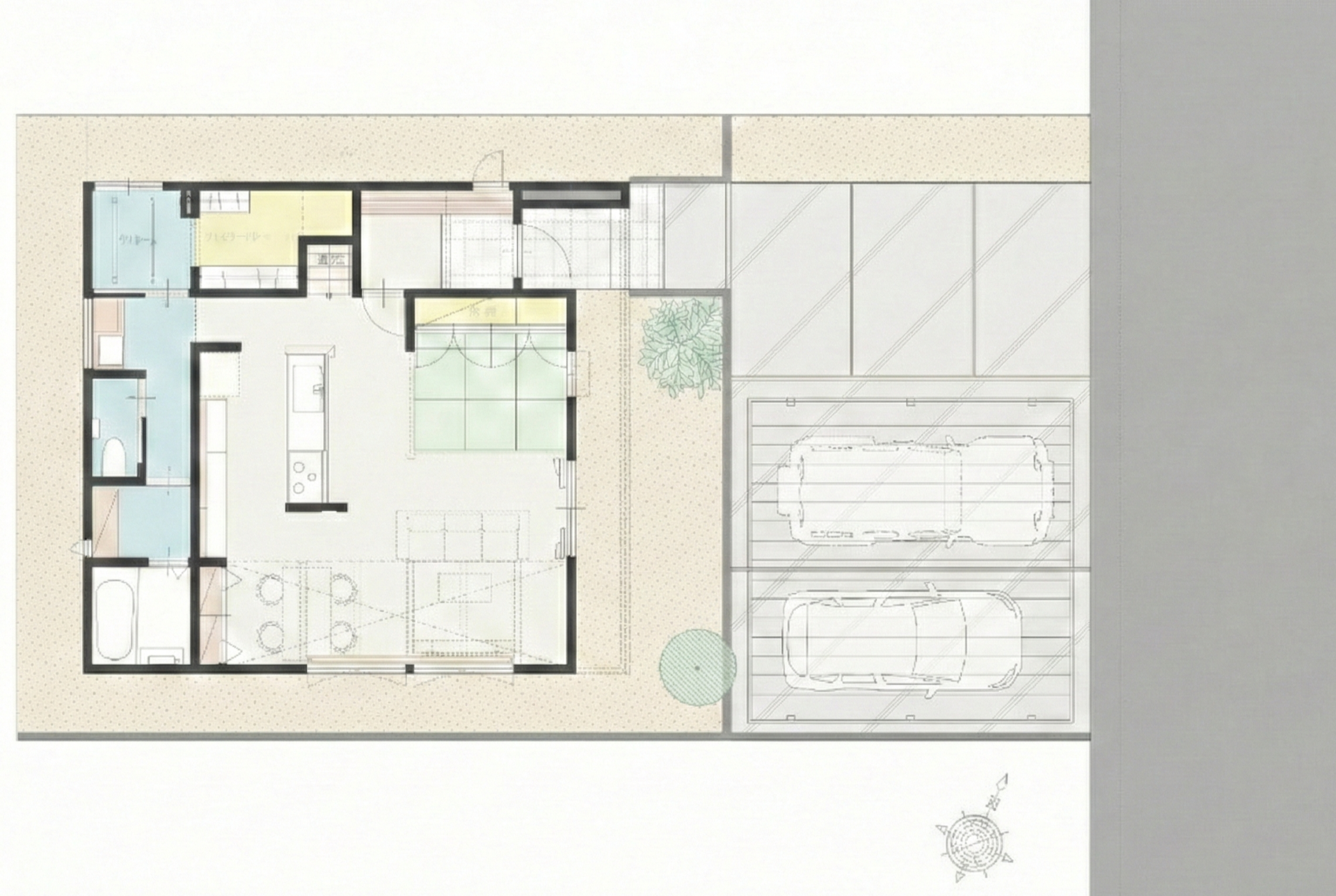 Point 1：雪の日も安心。「カーポート付の広い敷地」 60坪の土地に、駐車3台スペースと2台用カーポートを完備。ゆとりの敷地計画です。