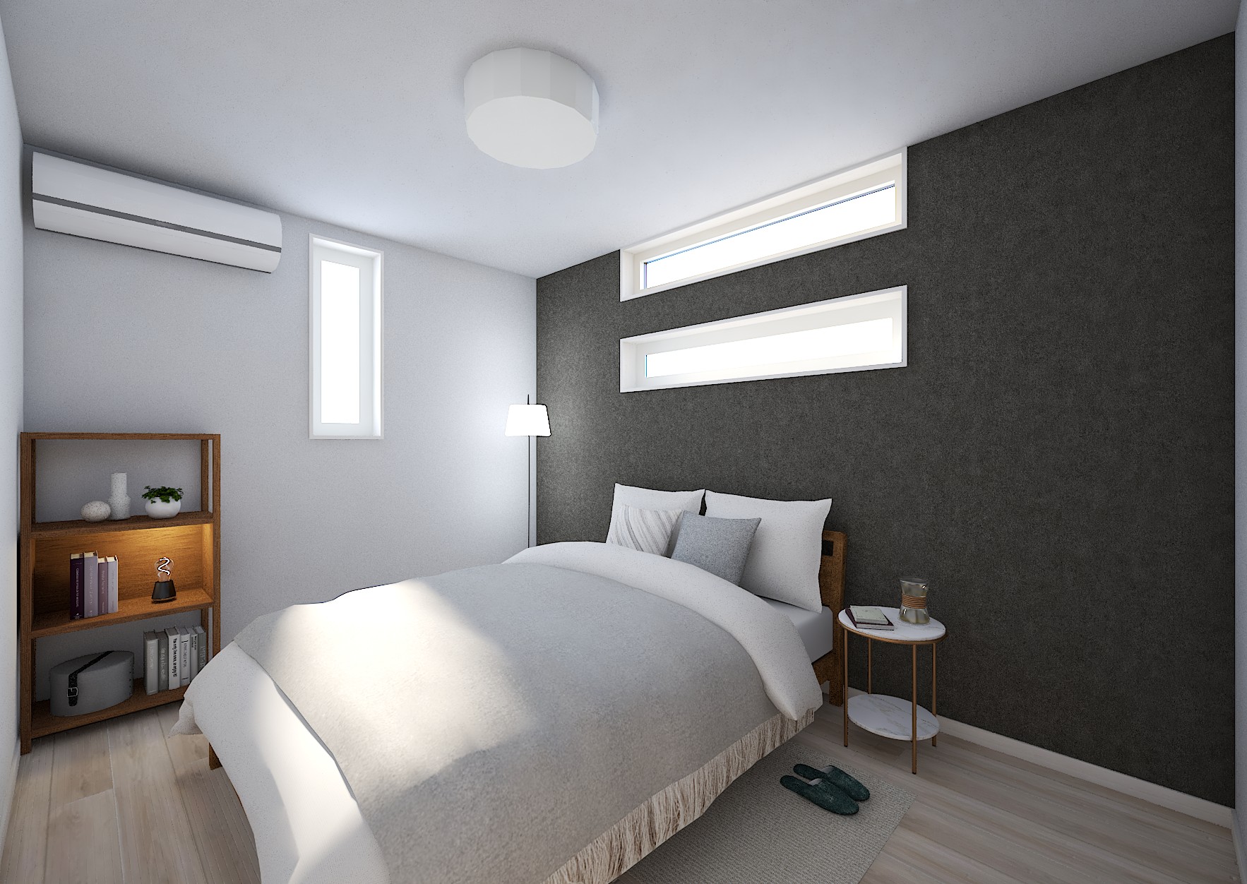 横長のスリット窓から朝日が優しく差し込む寝室