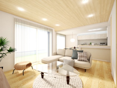 南の庭に面した１８.７帖のＬＤＫ。折上げ天井が広がりを感じさせるゆったりとした空間