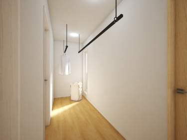 脱衣室と２階ホールに設けられた室内干しのスペース。花粉症の方や雨の日の洗濯干しも安心