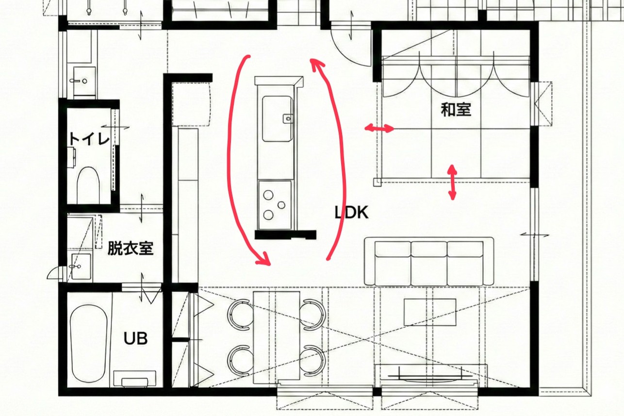 Point 3：家事も育児も。「回遊動線×畳コーナー」 行き止まりのないキッチン動線と、リビング横の畳スペースが、暮らしの利便性を高めます。
