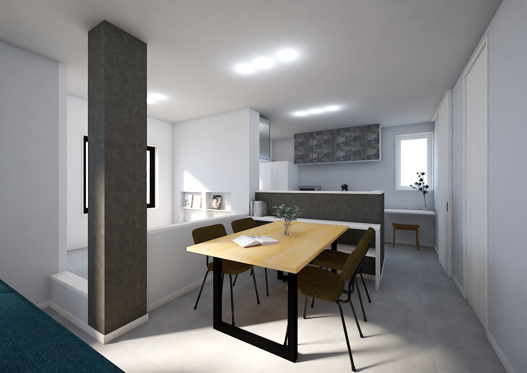 キッチンからダイニングテーブルへの動線を最短に