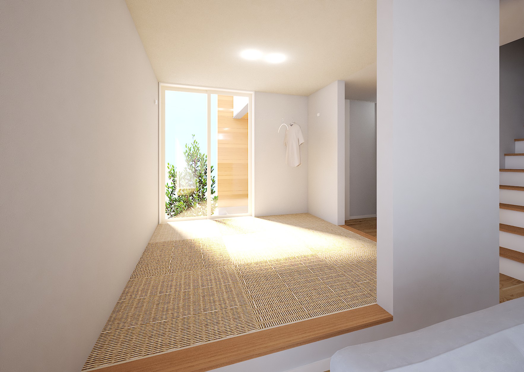 ■内観イメージ（小上がり和室）
ランドリーロープ付の和室。
ワイヤーを引っ張り出してフックに引っ掛けると物干し竿に早変わり！
未使用時は収納されるので邪魔にならない便利なアイテムです。