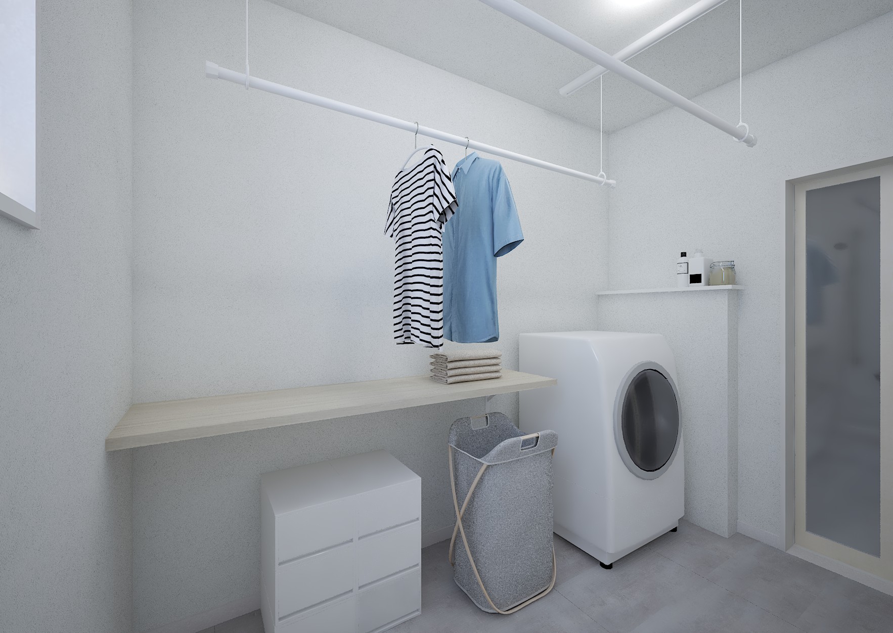 内観イメージ（ランドリールーム）

使わない時は端に寄せて邪魔にならない！
物干し竿の位置を自由に調節できる室内用スライド式物干し金物付き。