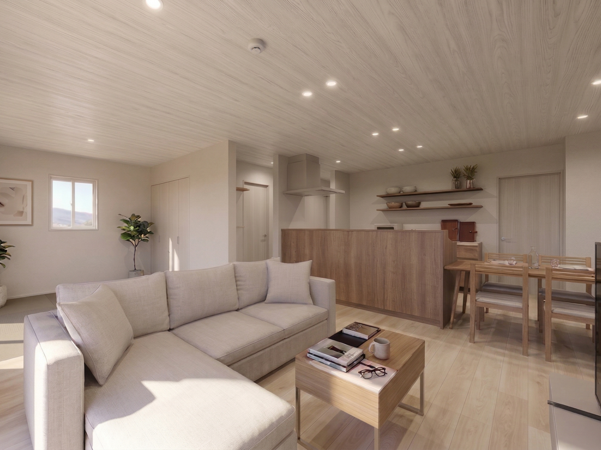 木目の天井が温もりを添える、開放的なＬＤＫ空間