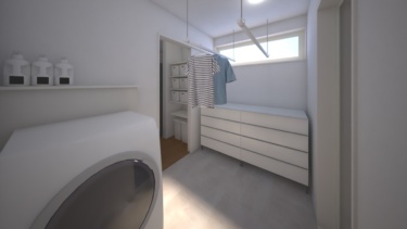 内観イメージ（脱衣・サンルーム）
使わない時は端っこに寄せてコンパクトに収納できる「スライド式物干し」付。