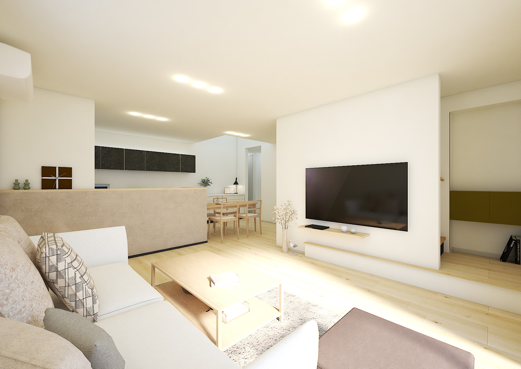 リビングからキッチンとダイニングを一望