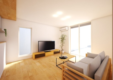 リビング。ハイサッシ（天井高と同じ高さの窓）でたくさん光が入る空間。