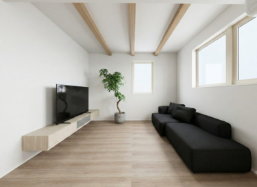 【内観イメージ（リビング）】
＿折り上げ天井で奥行きと開放感を、梁あらわし＋間接照明で魅せるちょっと特別なリビングをつくりました。