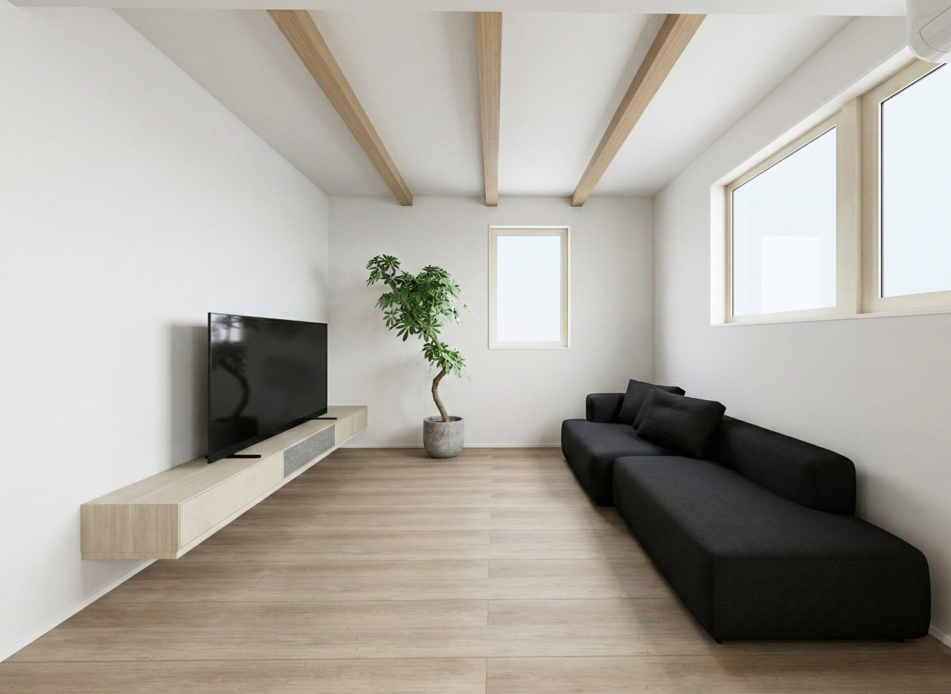 【内観イメージ（リビング）】
＿折り上げ天井で奥行きと開放感を、梁あらわし＋間接照明で魅せるちょっと特別なリビングをつくりました。