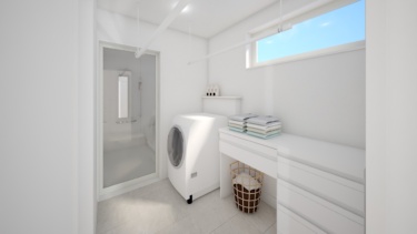 内観イメージ（脱衣・サンルーム）
・・・使わない時は端っこに寄せてコンパクトに収納できる「スライド式物干し」付。