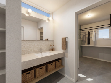 オープン棚を設けた収納力と、ランドリールームが隣接し、家事動線をコンパクトに集約。