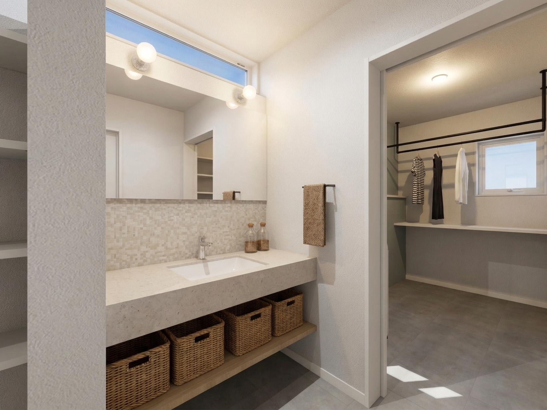 オープン棚を設けた収納力と、ランドリールームが隣接し、家事動線をコンパクトに集約。