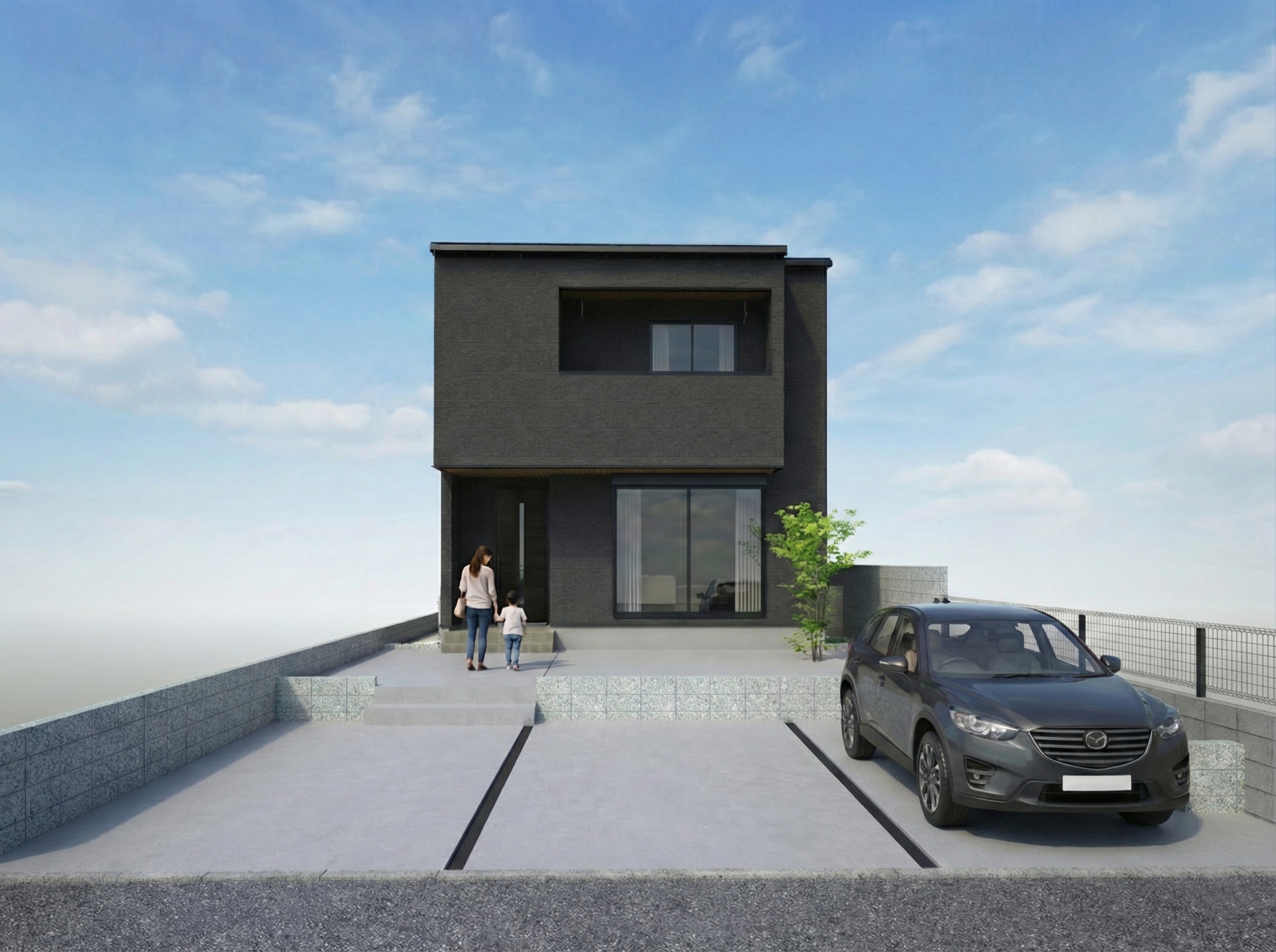 外観イメージ（正面）　
※掲載のCGパースは完成予想図です。外構（お庭・敷地まわり）や植栽等はイメージとなります。