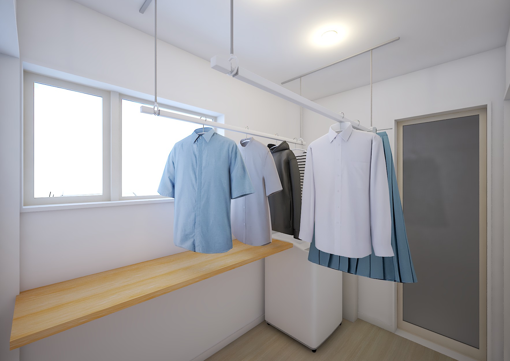 干して畳めるが完結するランドリー。スライド式物干し金物を採用し、干してあるものが邪魔になりにくい設計。