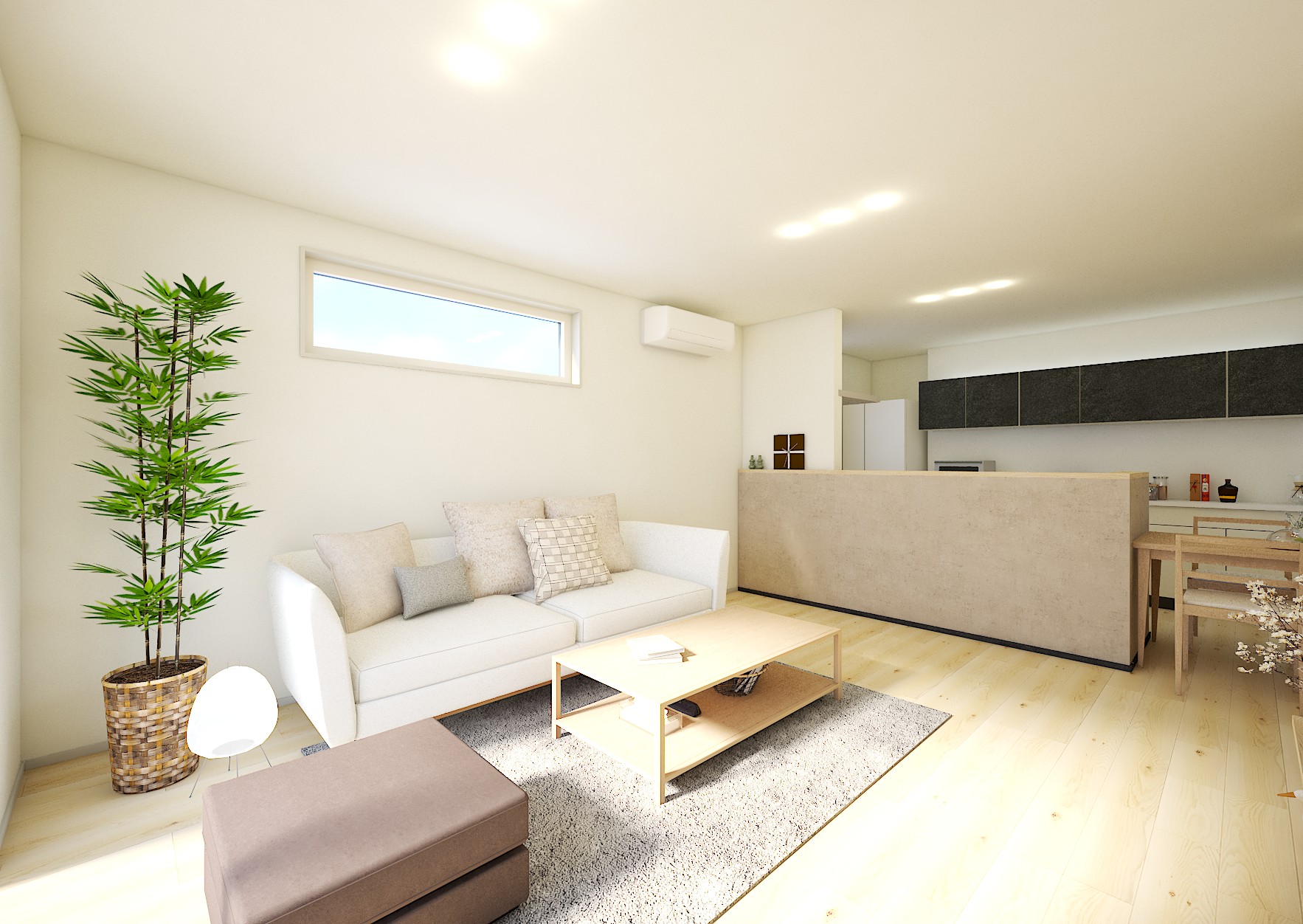 広く外光もしっかり取り入れられるリビング