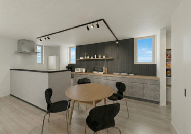 【内観イメージ（ダイニング・キッチン）】
＿グレー系のトーンで統一感を意識したキッチン。
Ｌ字に走るダクトレールとスポットライトが、光のラインを描きます。