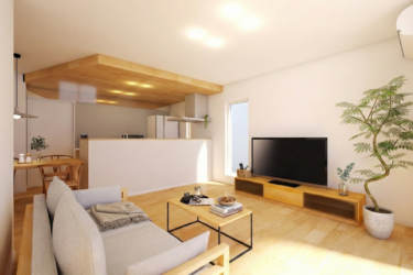 リビングキッチン。キッチンからリビングを見守れる空間。