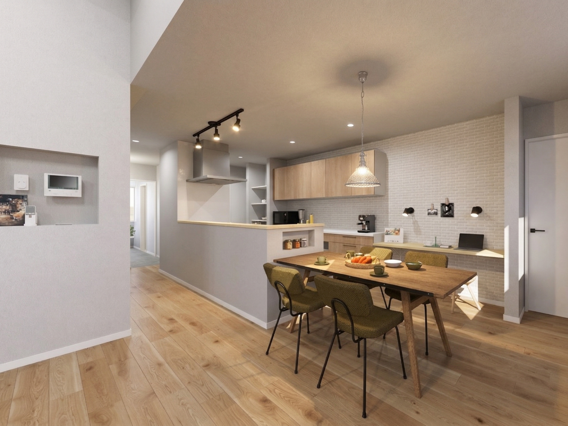 キッチンからダイニング、そして造作のデスクカウンターまでが繋がる、使い勝手抜群の空間。